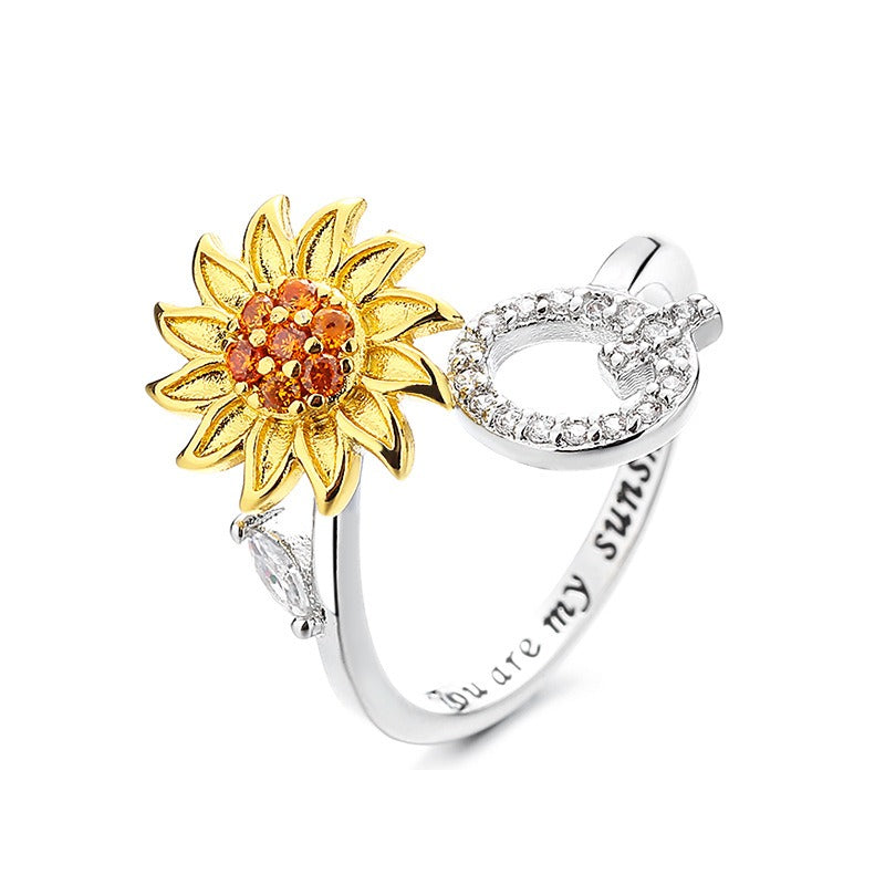 S925 Silver Sunflower Spinner Ring Personalized A-Z Initial CZ