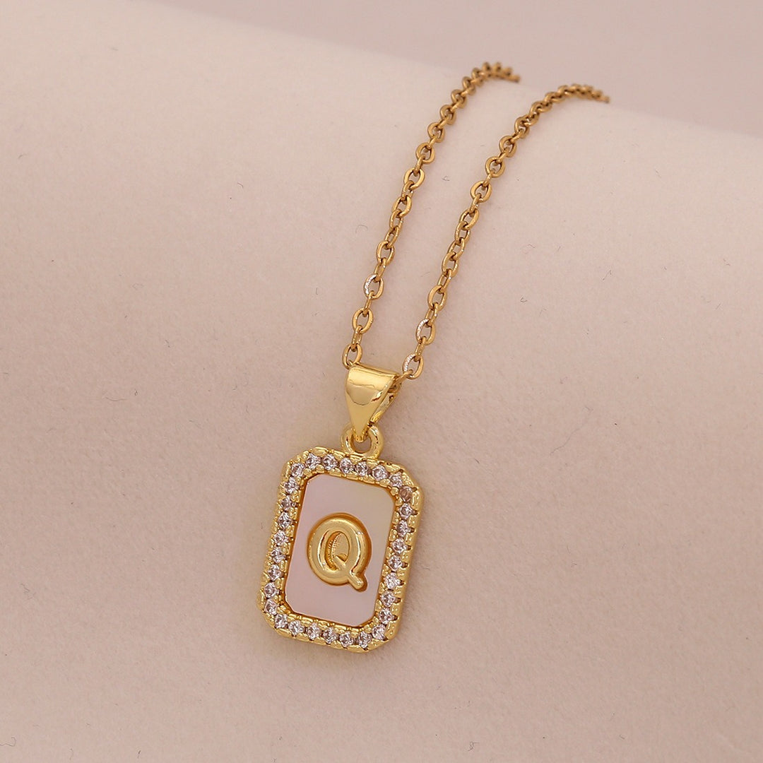 18K Gold Mother of Pearl Initial Necklace CZ Framed A-Z Square Letter Pendant