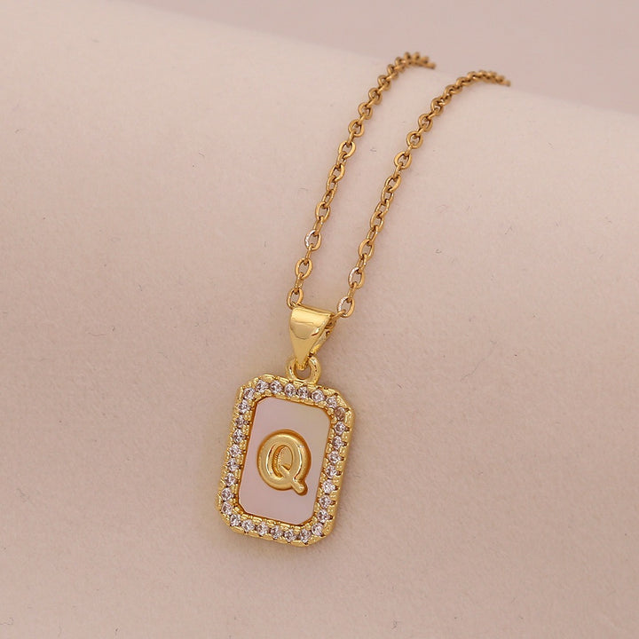 18K Gold Mother of Pearl Initial Necklace CZ Framed A-Z Square Letter Pendant