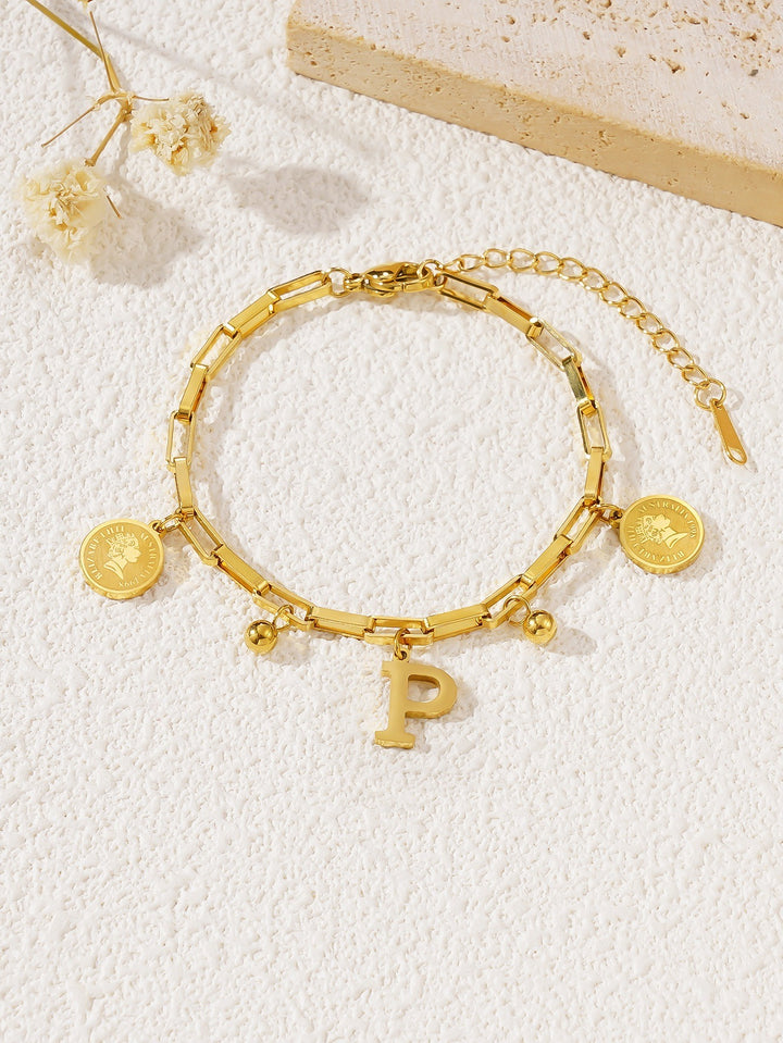 Personalized Initial Lucky Charm 26-Letter Vintage Coin 18K Gold Bracelet