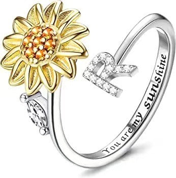 S925 Silver Sunflower Spinner Ring Personalized A-Z Initial CZ