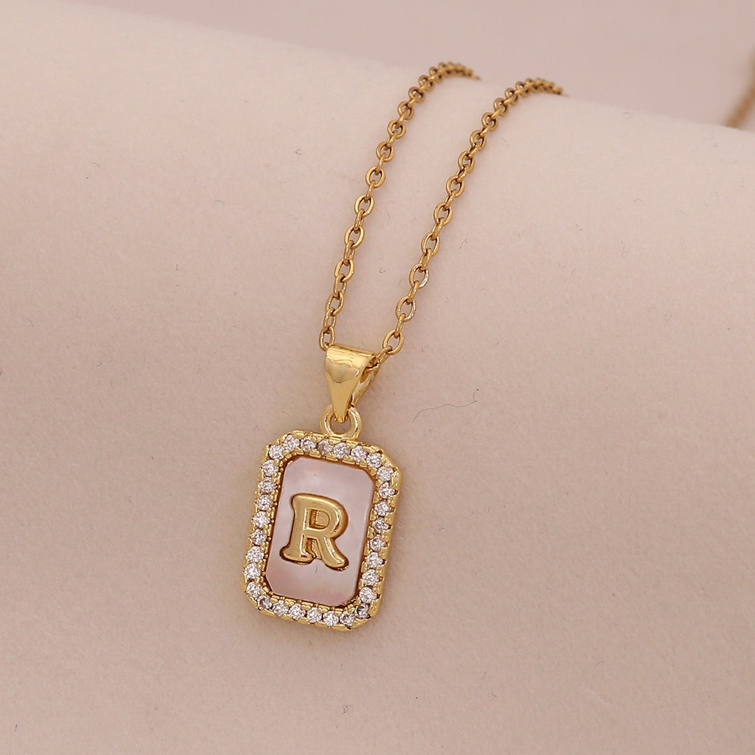 18K Gold Mother of Pearl Initial Necklace CZ Framed A-Z Square Letter Pendant
