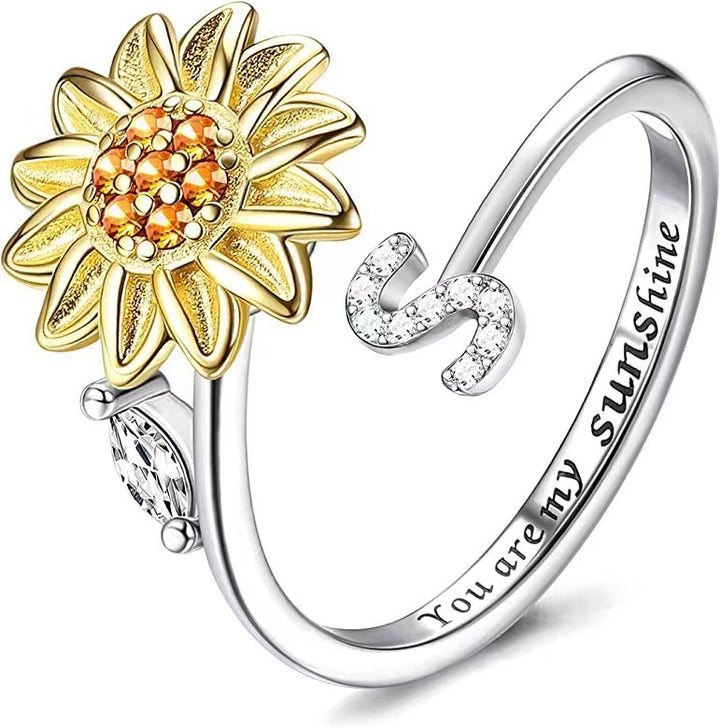 S925 Silver Sunflower Spinner Ring Personalized A-Z Initial CZ