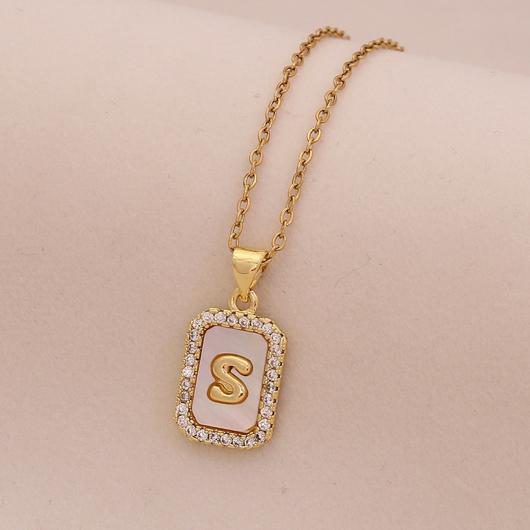 18K Gold Mother of Pearl Initial Necklace CZ Framed A-Z Square Letter Pendant
