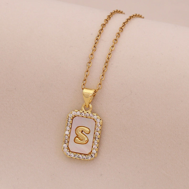 18K Gold Mother of Pearl Initial Necklace CZ Framed A-Z Square Letter Pendant