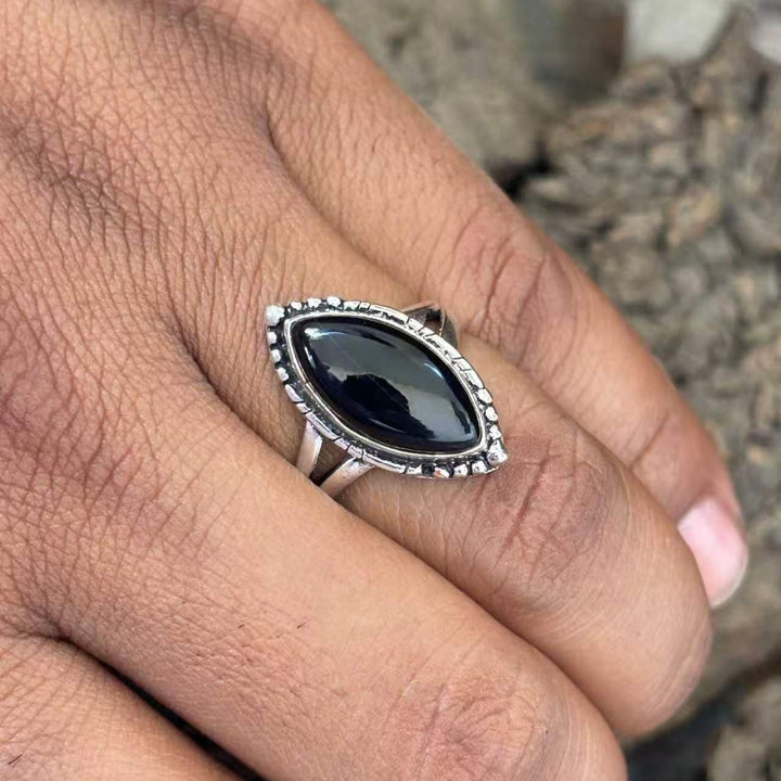 Natural Protection Shield & Strength Vintage Black Agate Silver Ring