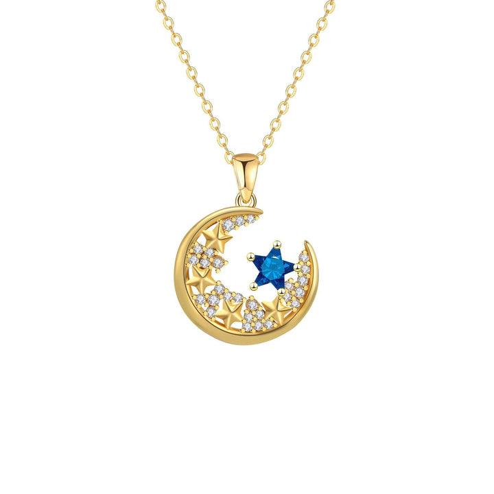 18K Gold Blue CZ Star & Moon Necklace