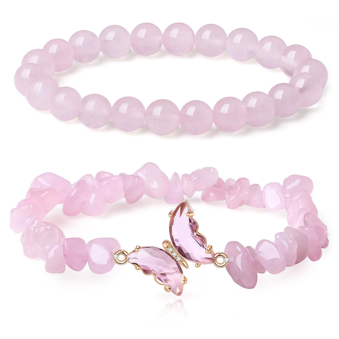 Butterfly Charm Natural Crystal Beaded & Chip Bracelet Set