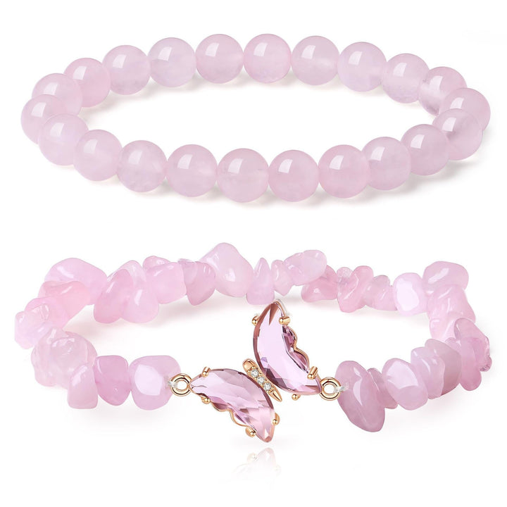 Butterfly Charm Natural Crystal Beaded & Chip Bracelet Set