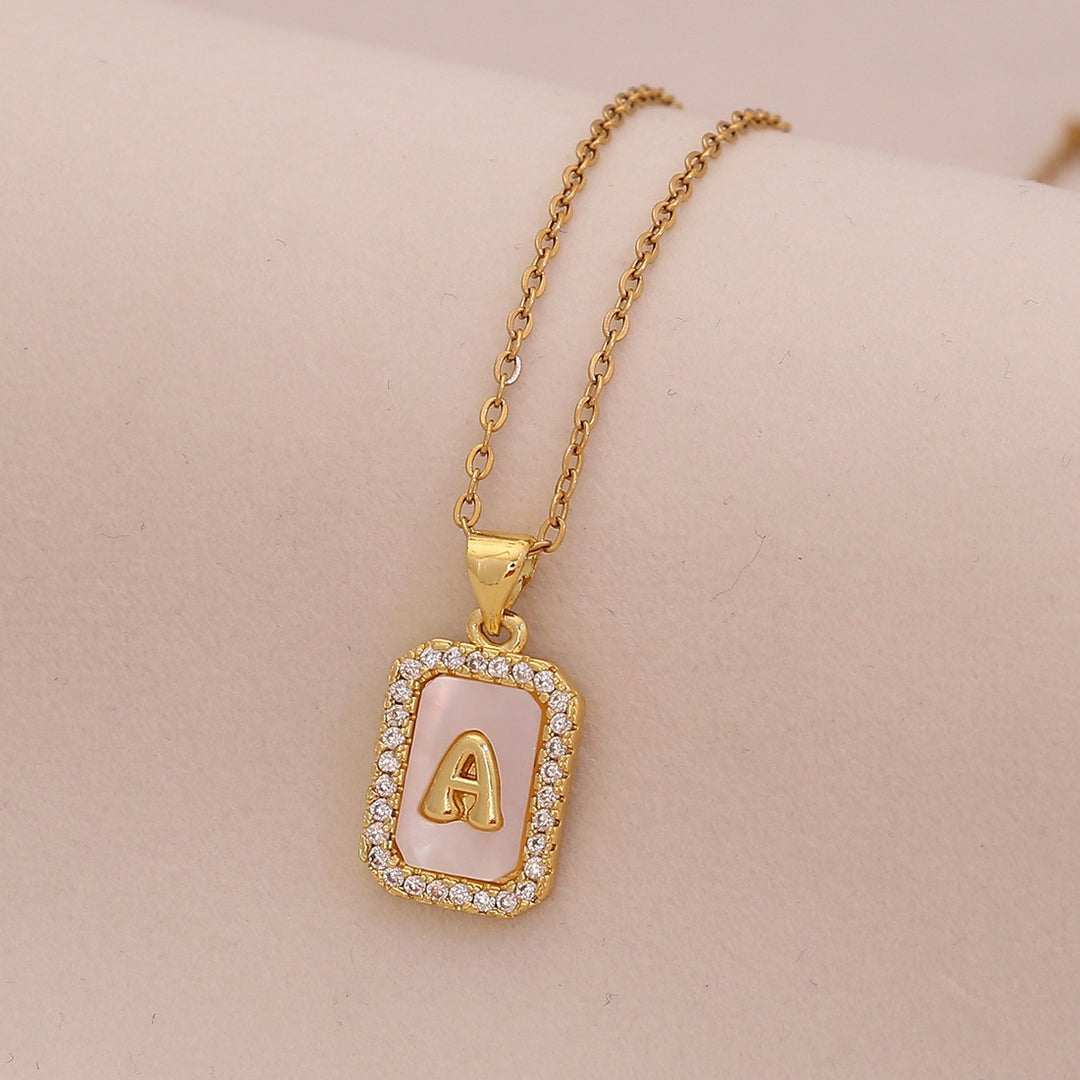 18K Gold Mother of Pearl Initial Necklace CZ Framed A-Z Square Letter Pendant
