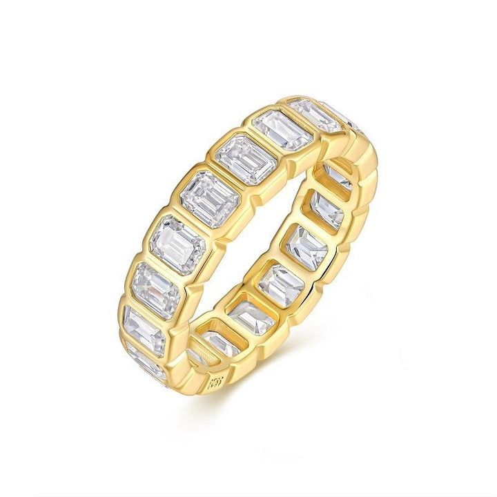 18K Gold Emerald Cut Eternity Band Geometric Bezel Set Ring