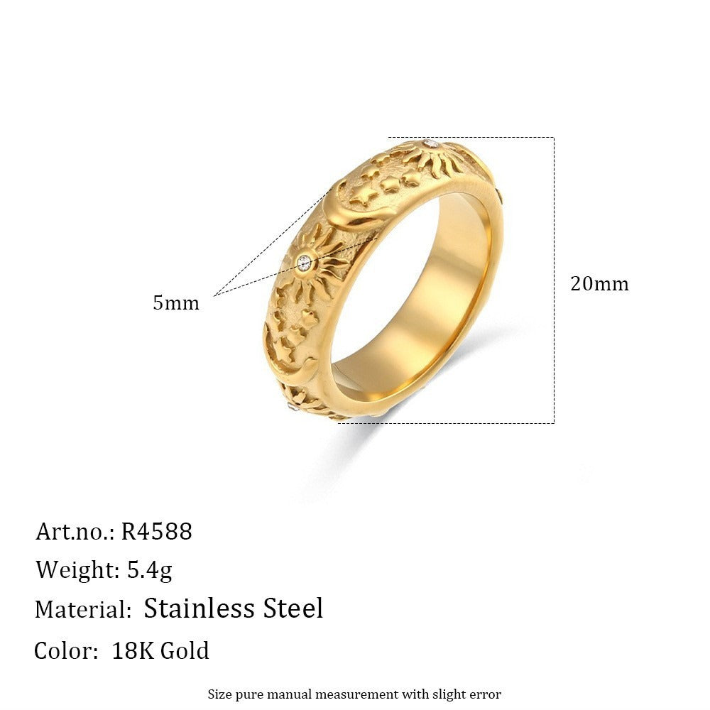 18K Gold Plated Star & Moon Safety Pin Carved Unisex Ring Series