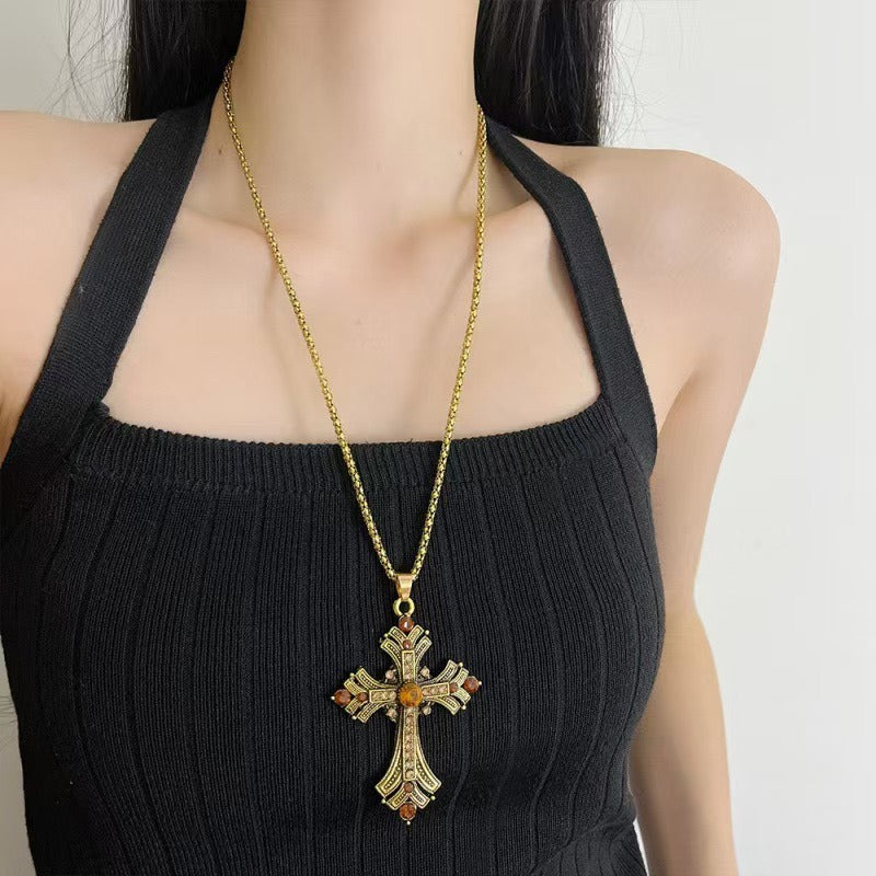 Vintage Byzantine Lavish Pave & Gemstone Cross Necklace