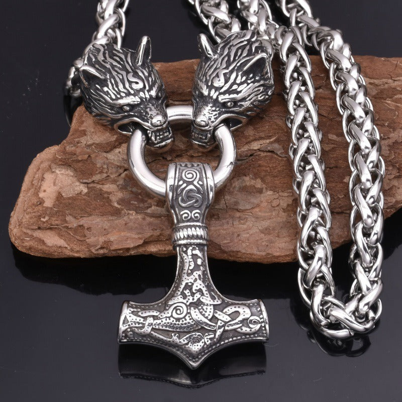 Viking Double Wolf Mjolnir Necklace