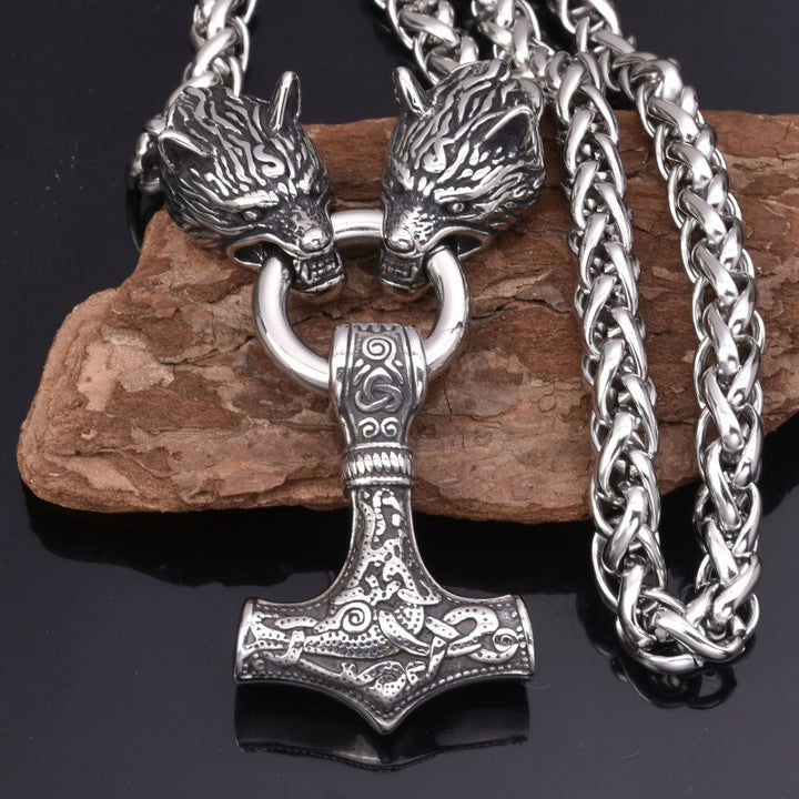 Viking Double Wolf Mjolnir Necklace