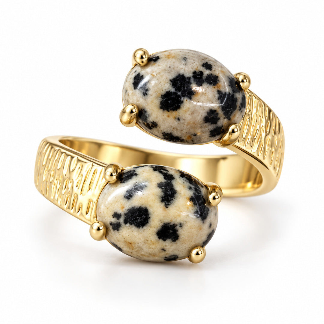 Natural Gemstone 18K Gold Plated Vintage Hammered Double-Stone Open Ring