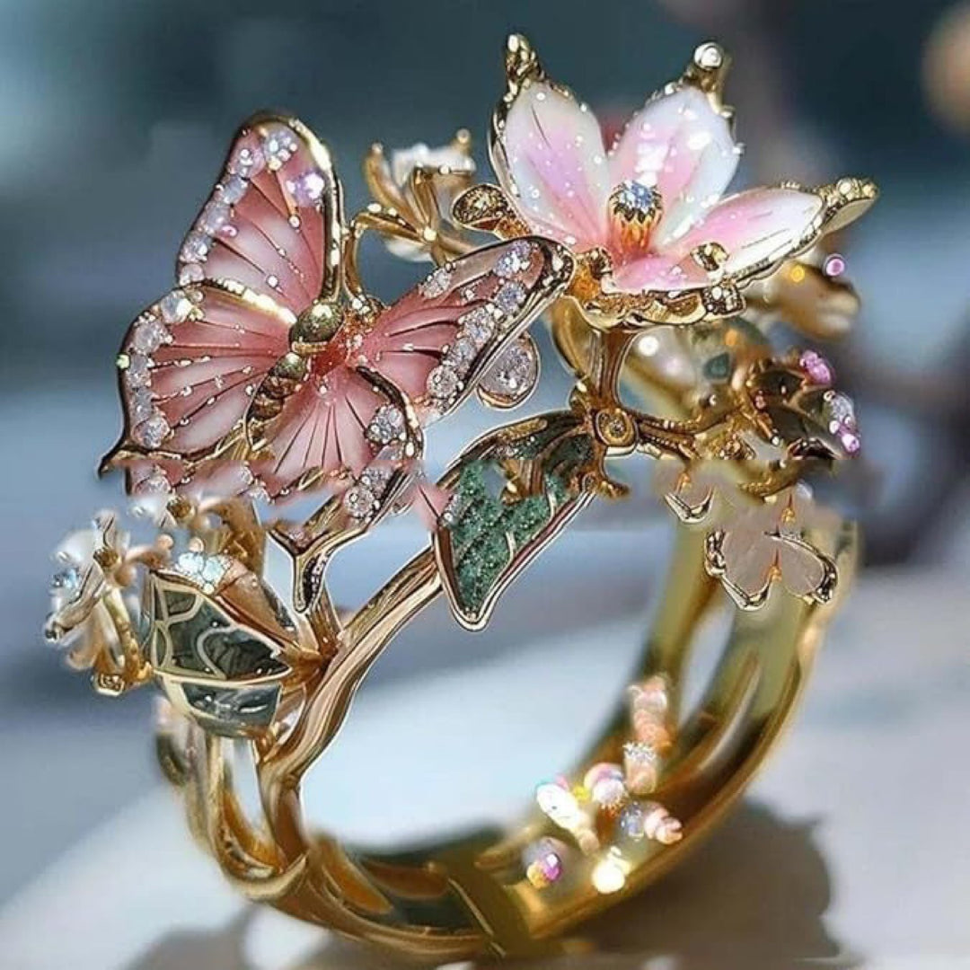 Vintage French Enamel Butterfly & Flower Open Ring