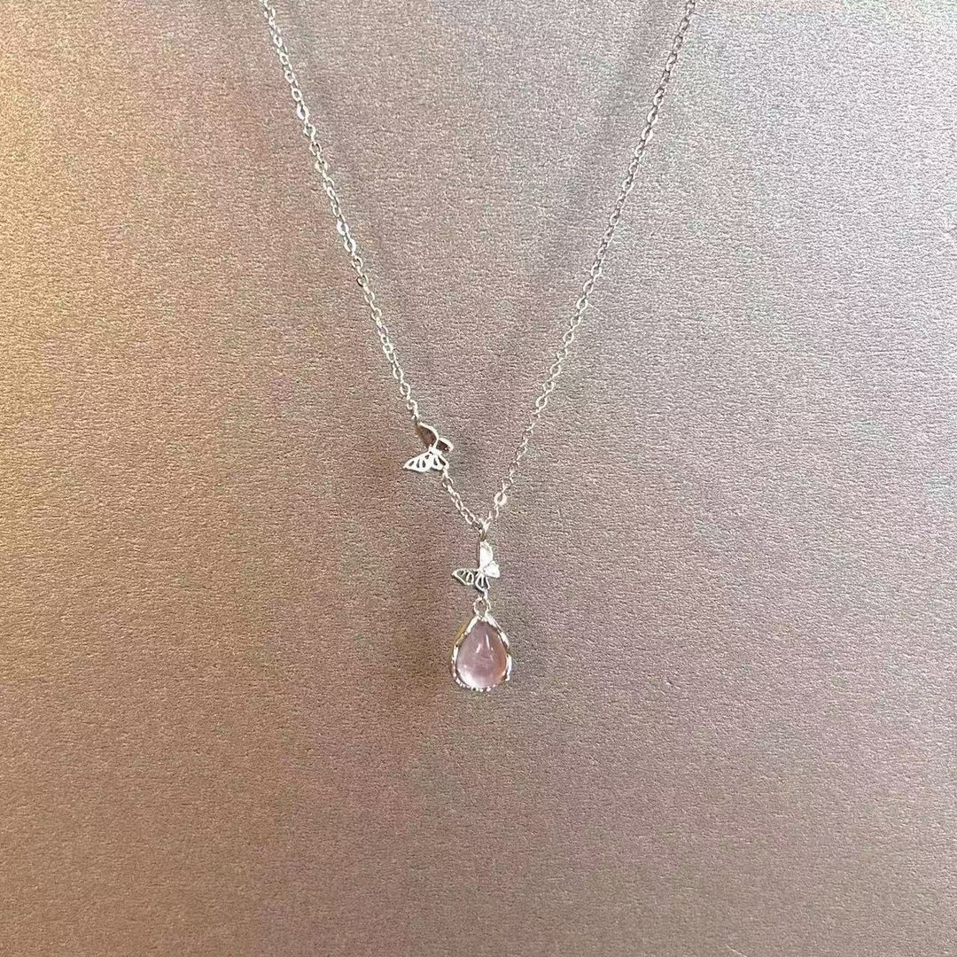 S925 Sterling Silver Ice-Clear Teardrop & Butterfly Necklace