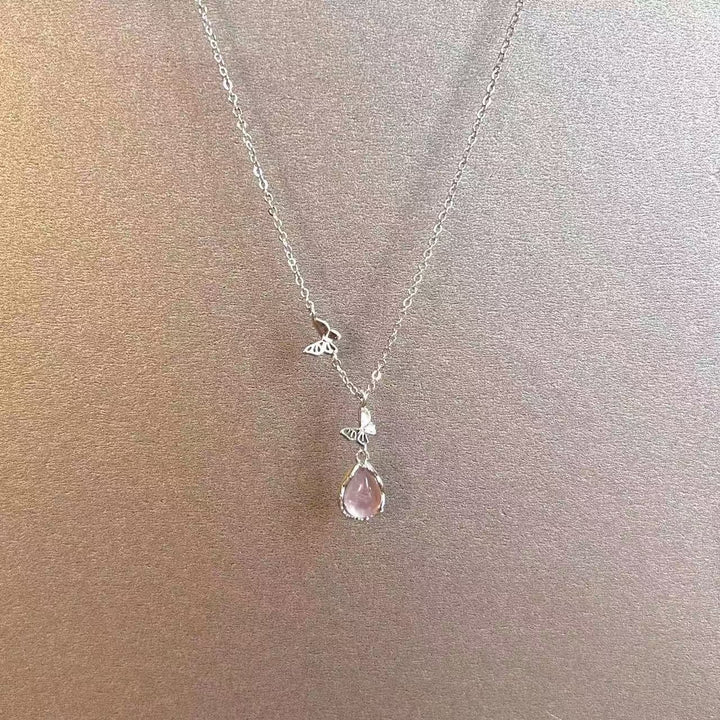 S925 Sterling Silver Ice-Clear Teardrop & Butterfly Necklace
