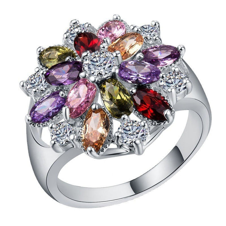 Rainbow Blossom S925 Sterling Silver Platinum Plated Multi Gem Flower Ring