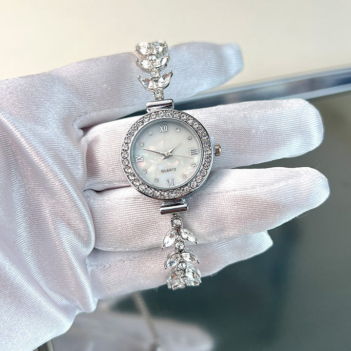 Laurel Wheat Leaf Full Diamond Mother of Pearl Adjustable Quartz Watch