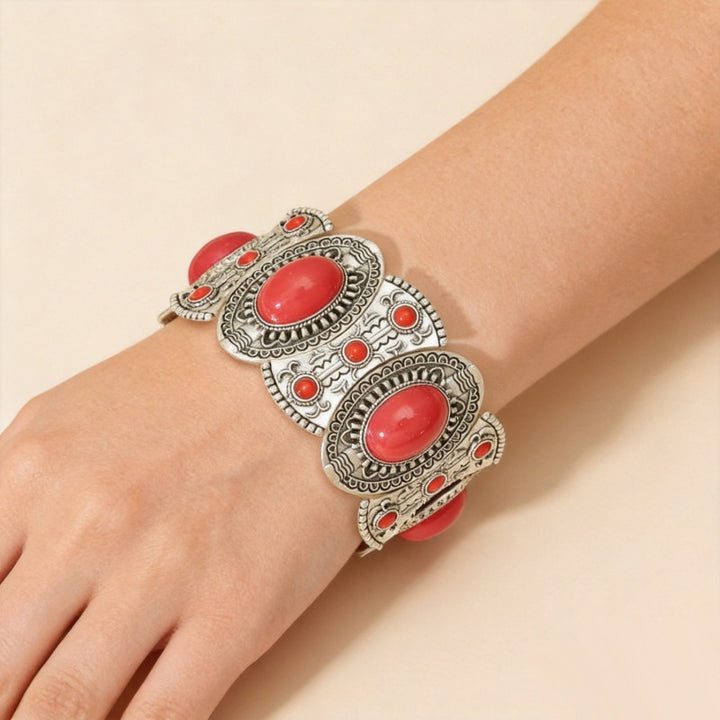 Vintage Bohemian Tribal Engraved Natural Stone Wide Cuff Bracelet