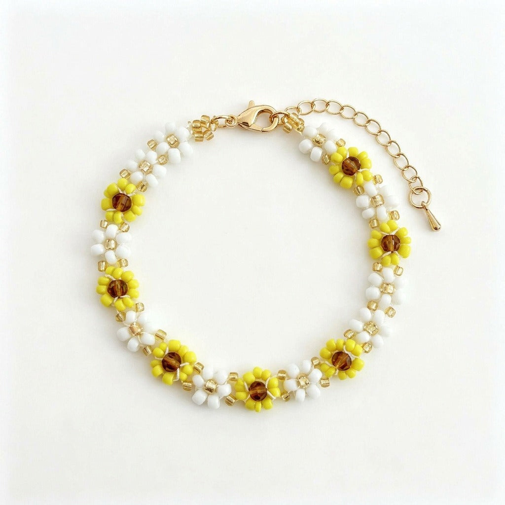 Handmade Daisy Bloom Crystal Beaded Flower Bracelet