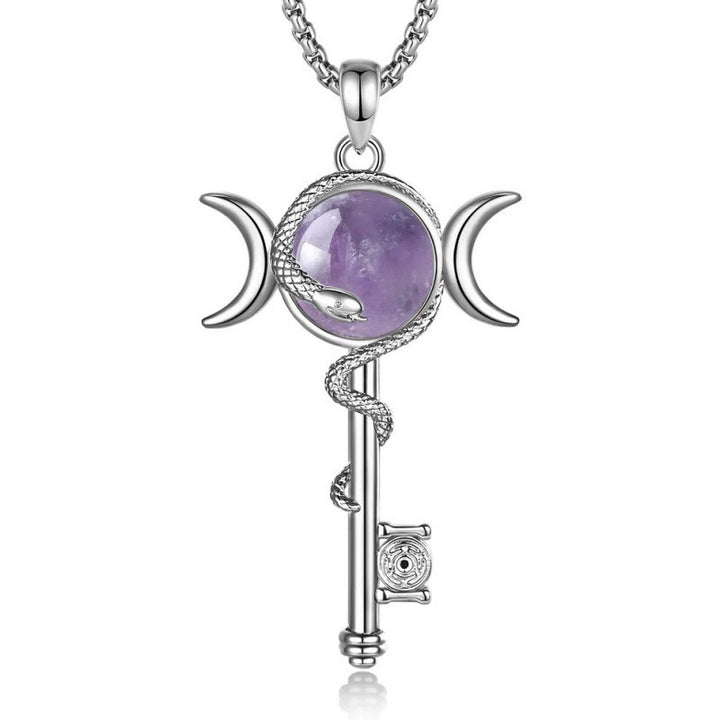 Hecate's Key Triple Moon Goddess Snake-Wrapped Amethyst Talisman Necklace