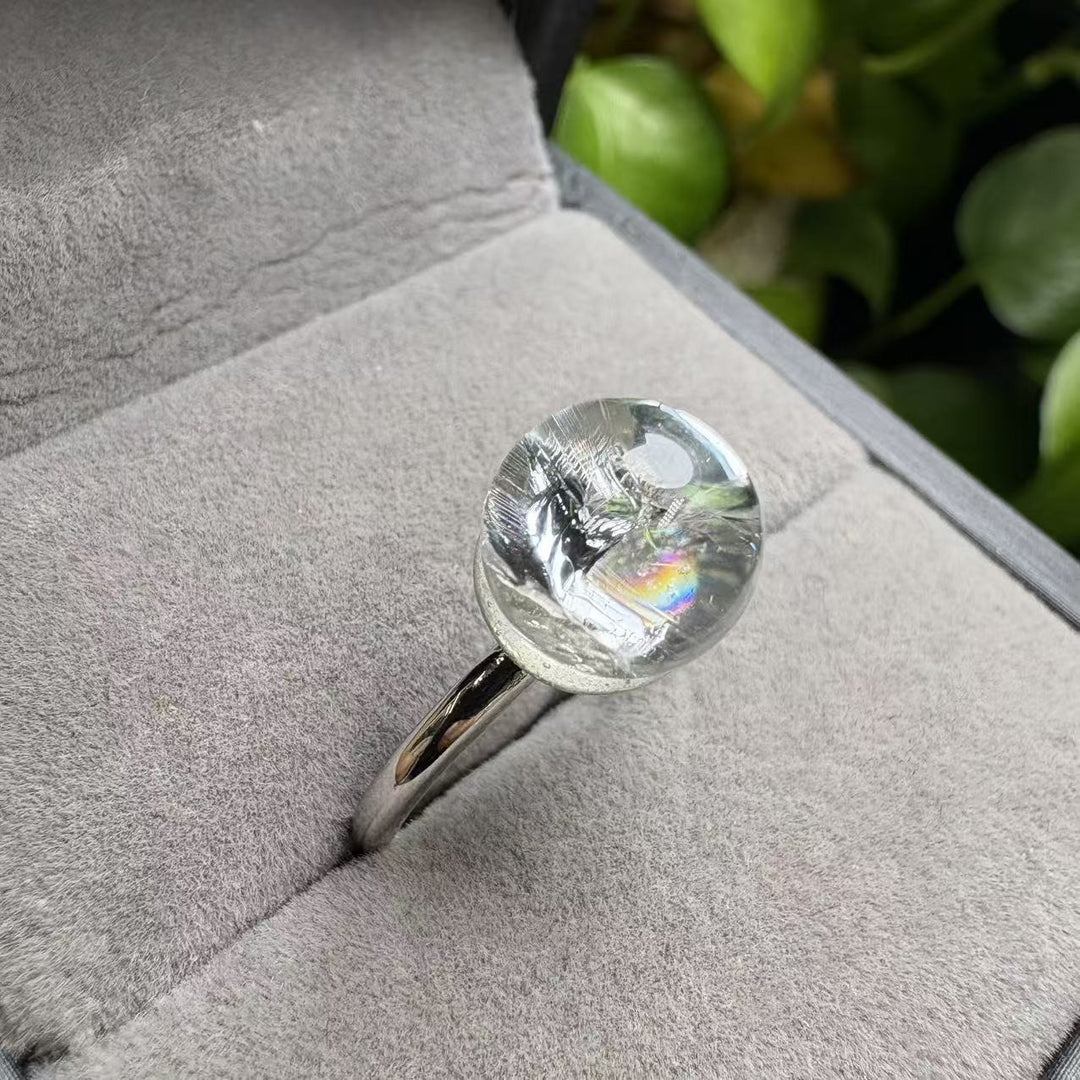 Sterling Silver Natural Rainbow Clear Quartz Sphere Ring