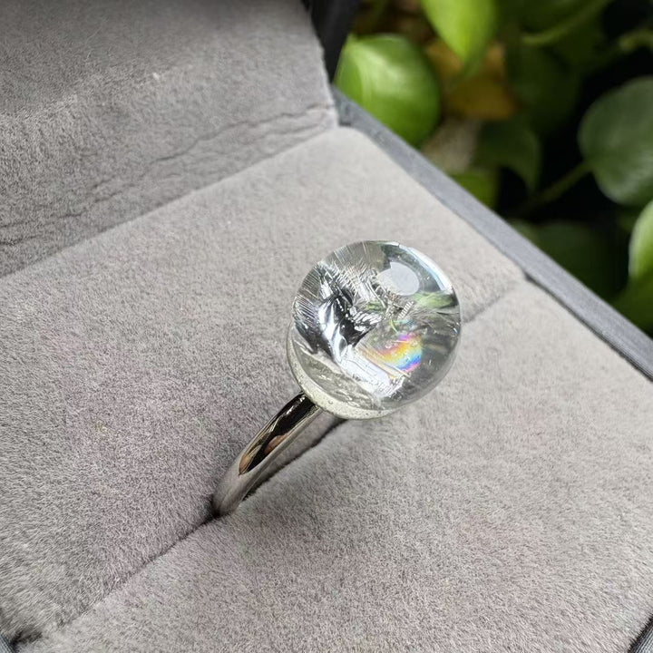 Sterling Silver Natural Rainbow Clear Quartz Sphere Ring