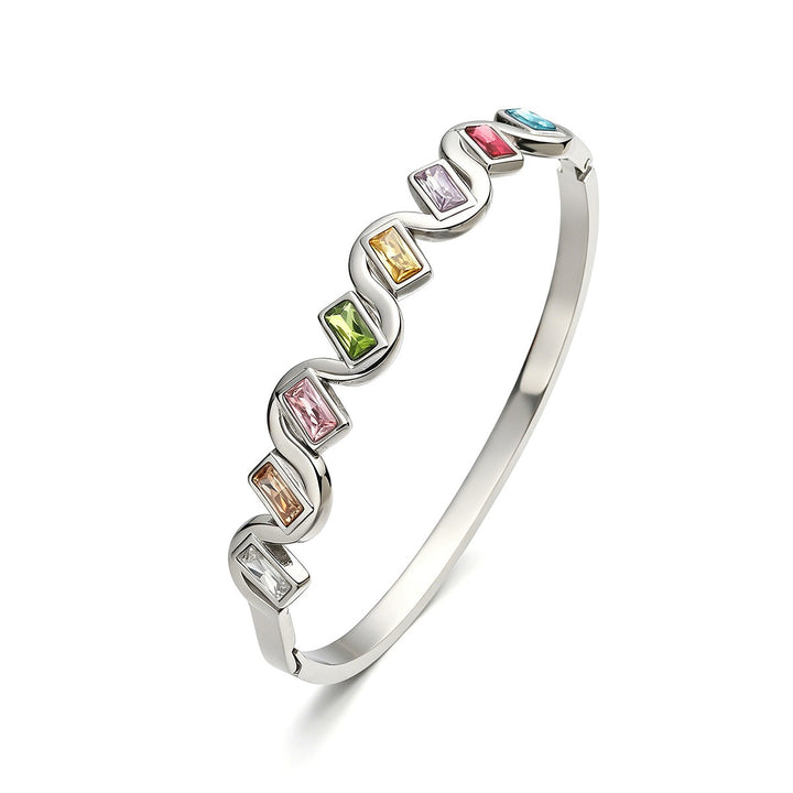 Rainbow Rhythm Geometric Wave Bezel-Set Baguette Bangle