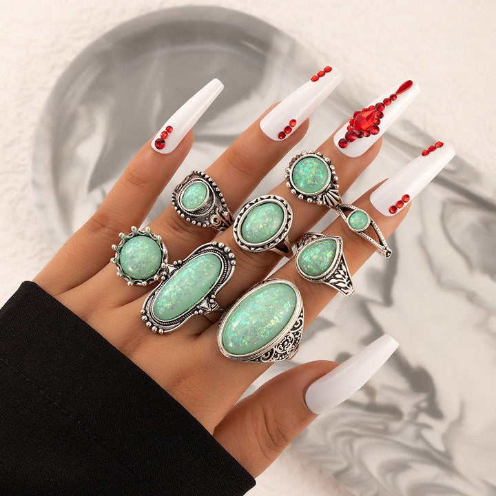S925 Sterling Silver 7Pcs Vintage Carved Opal Ring Set
