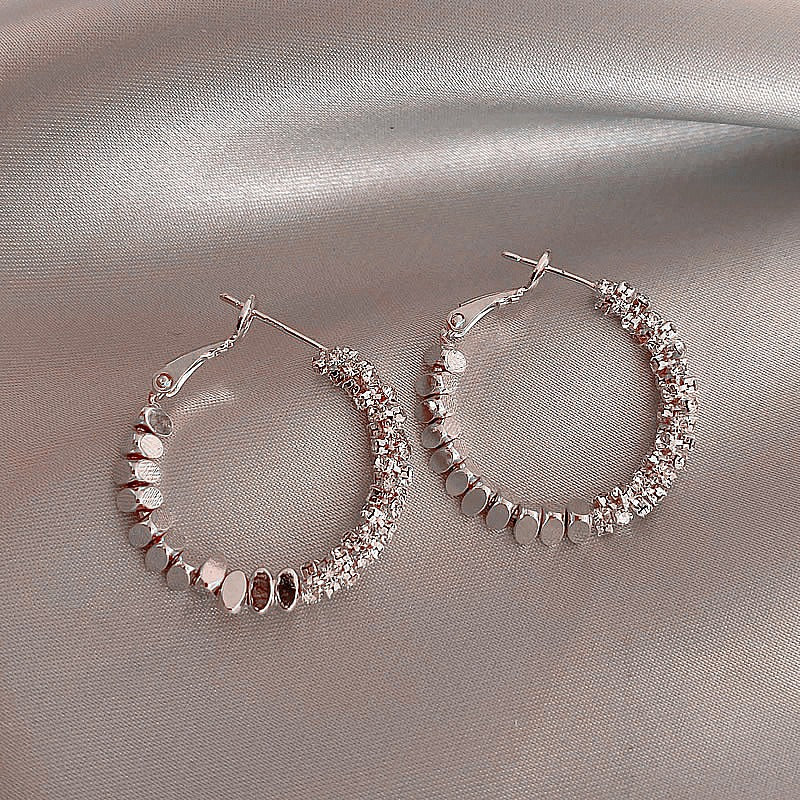 14K Gold Plated / S925 Silver Half Pave Half Textured Disc Hoop Earrings