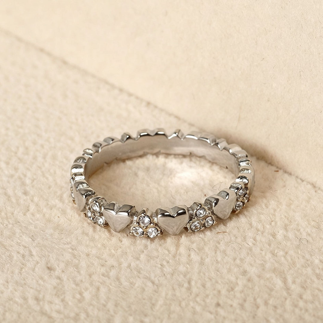 S925 Silver Alternating Heart & Pavé Band Ring