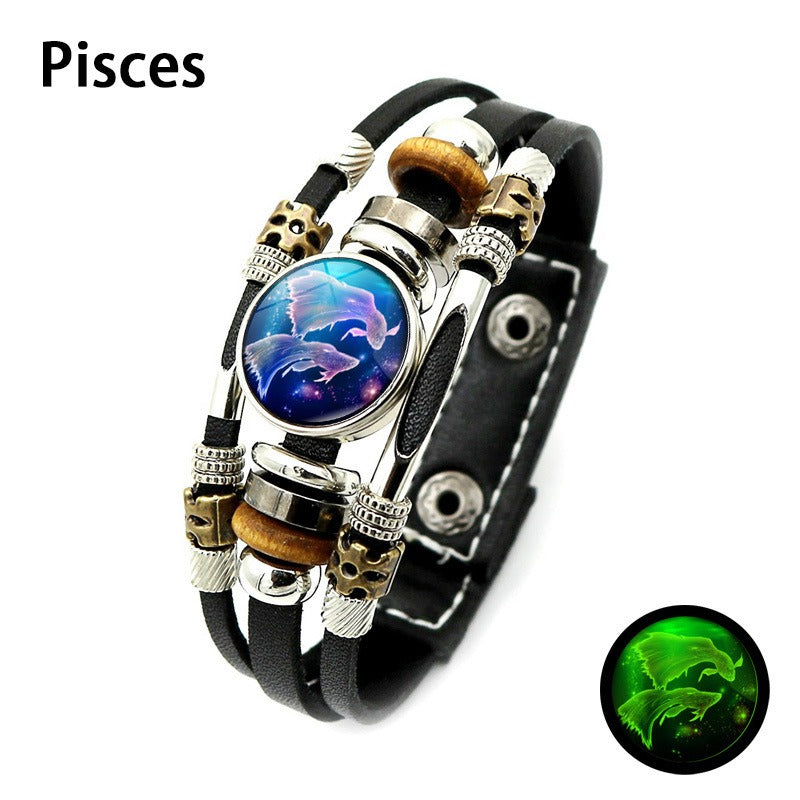 Glow in The Dark 12 Zodiac Multilayer Leather Bracelet