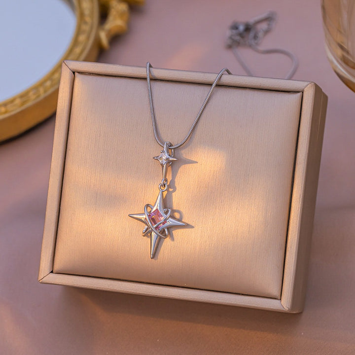 Galactic Wanderer Twin-Stars Dangle Necklace with Pink Clear Gems