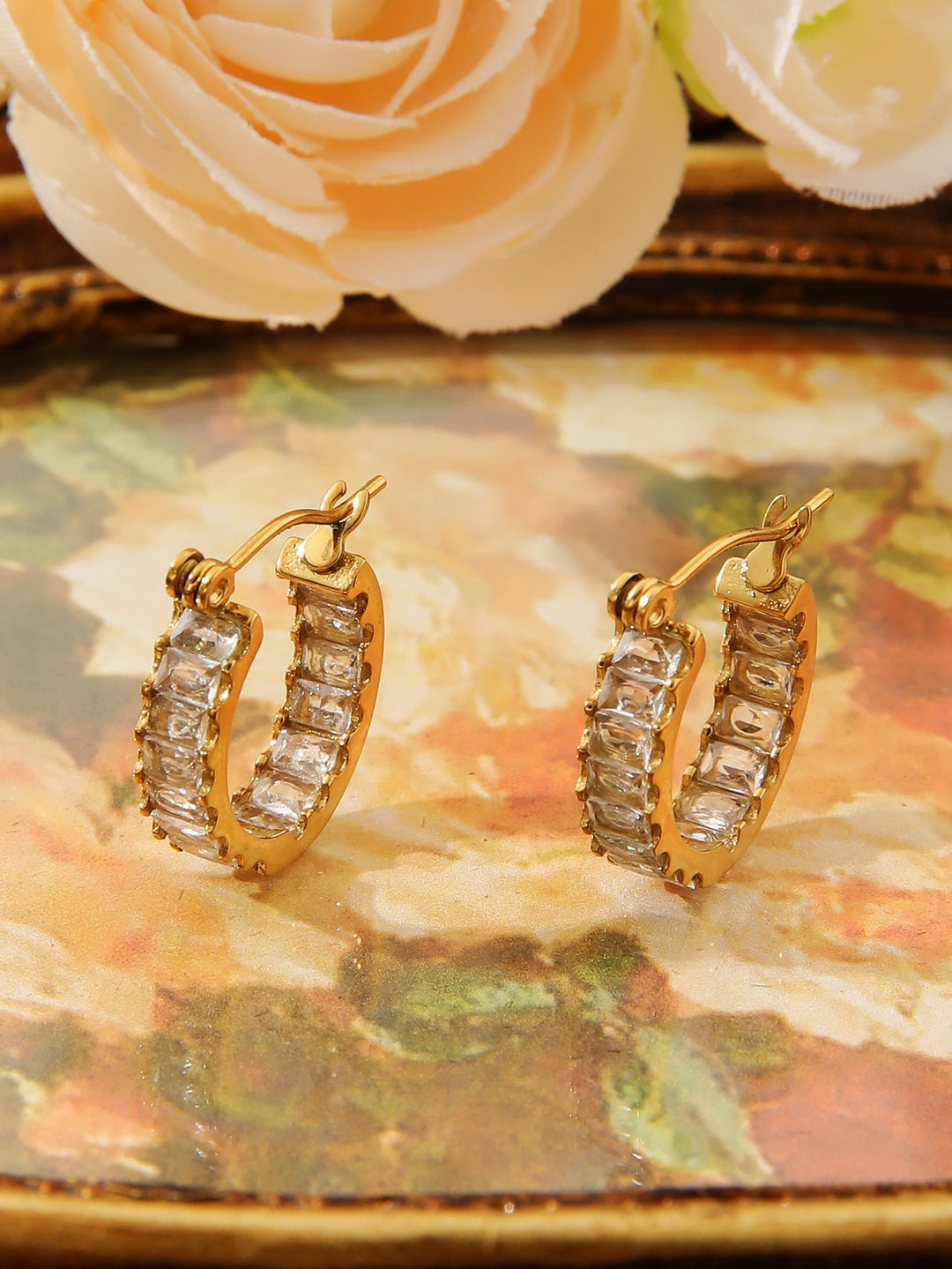 18K Gold Plated Vintage Baguette-Cut Huggie Earrings