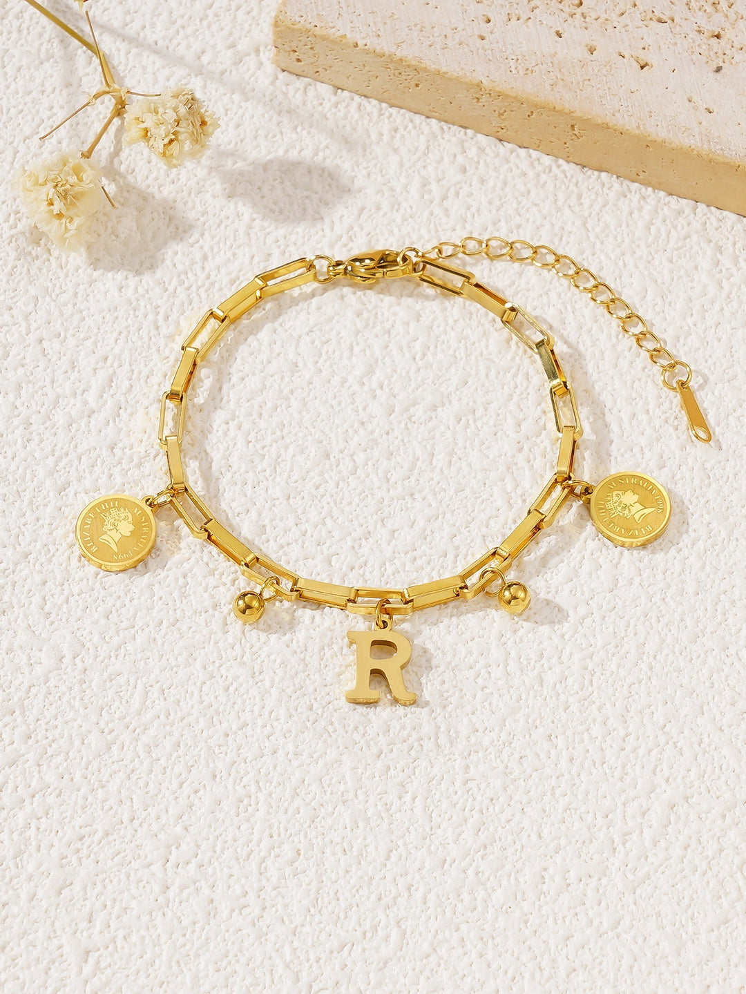 Personalized Initial Lucky Charm 26-Letter Vintage Coin 18K Gold Bracelet