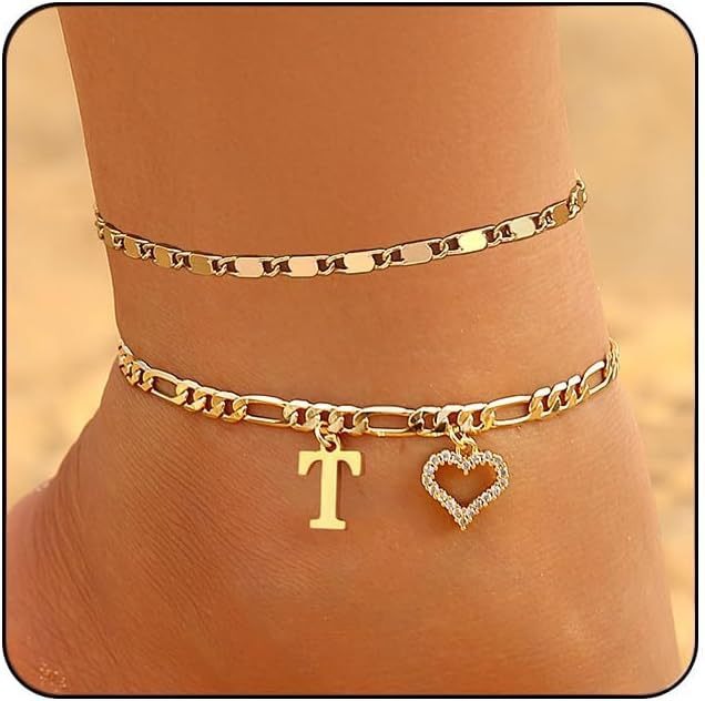 Personalized Initial 26-Letter Heart Pave Figaro Chain Gold Anklet