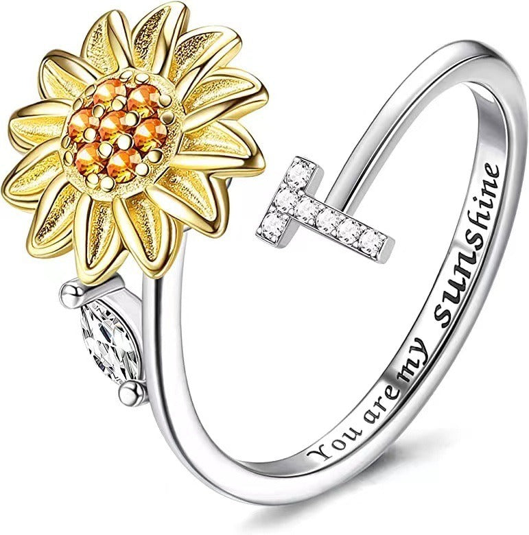 S925 Silver Sunflower Spinner Ring Personalized A-Z Initial CZ