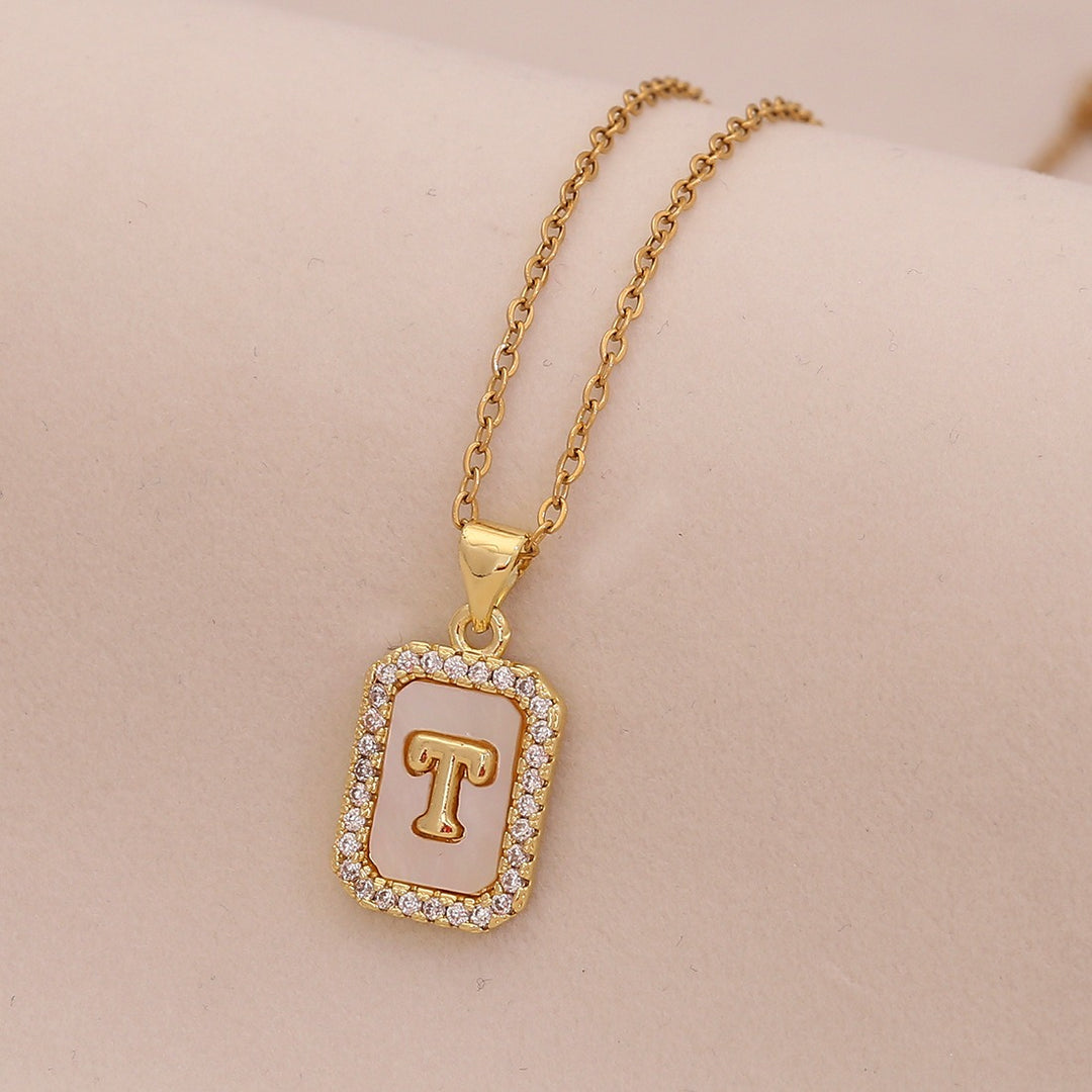 18K Gold Mother of Pearl Initial Necklace CZ Framed A-Z Square Letter Pendant