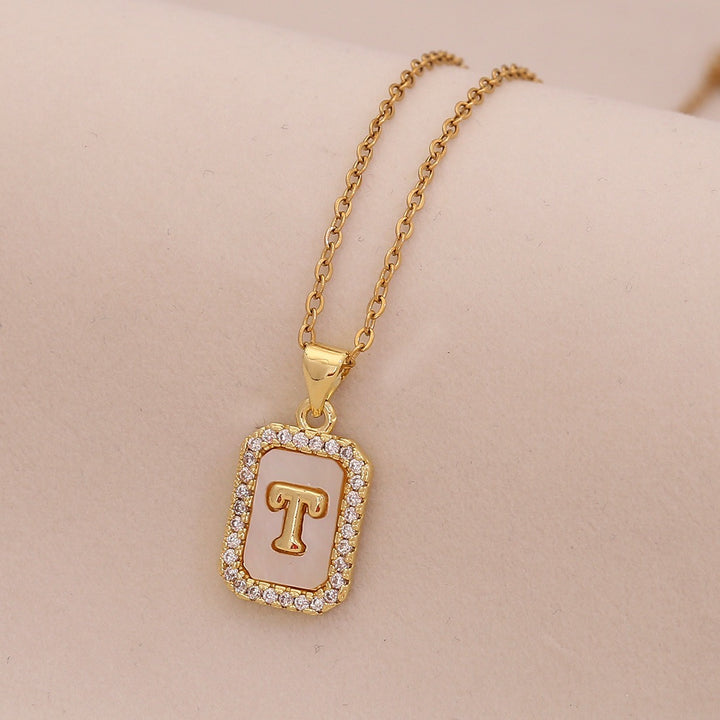 18K Gold Mother of Pearl Initial Necklace CZ Framed A-Z Square Letter Pendant