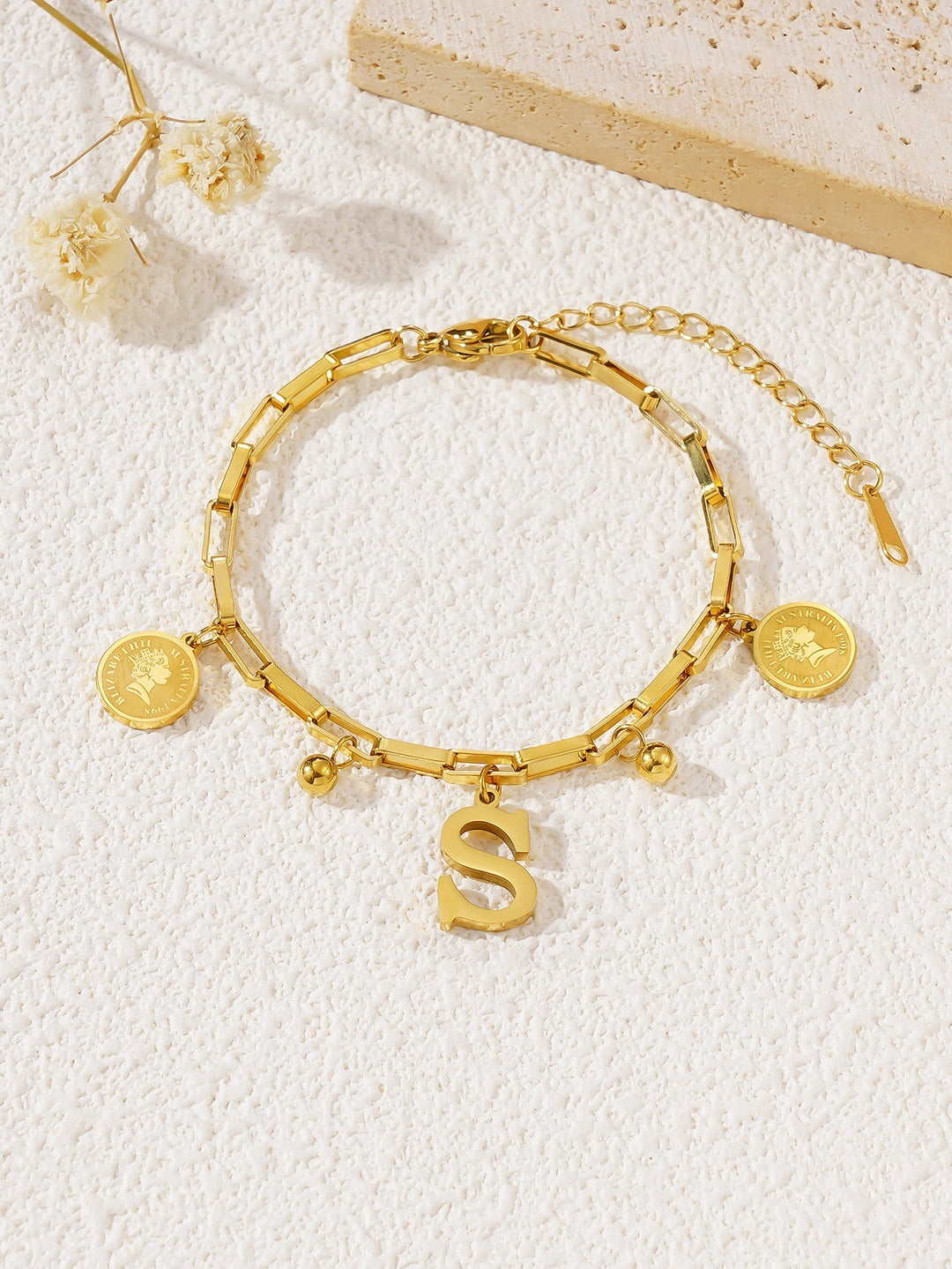 Personalized Initial Lucky Charm 26-Letter Vintage Coin 18K Gold Bracelet