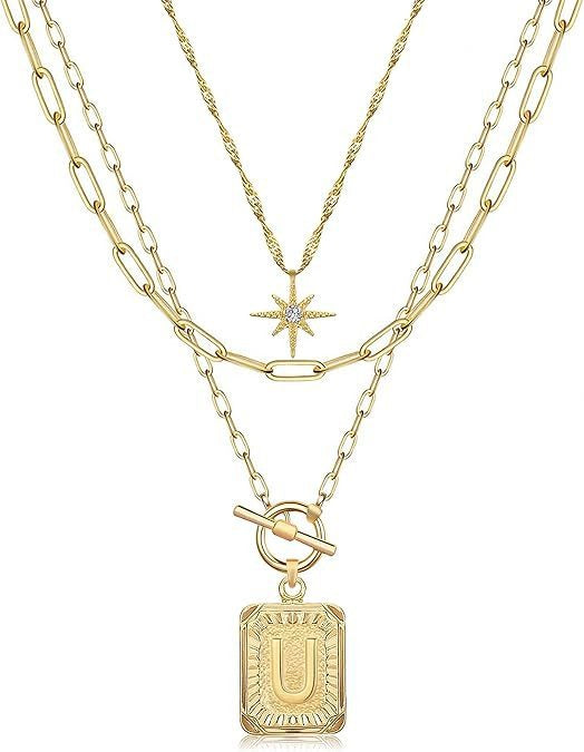 Personalized Initial 14K Gold Vintage Square Tag Letter Necklace