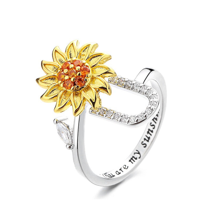S925 Silver Sunflower Spinner Ring Personalized A-Z Initial CZ