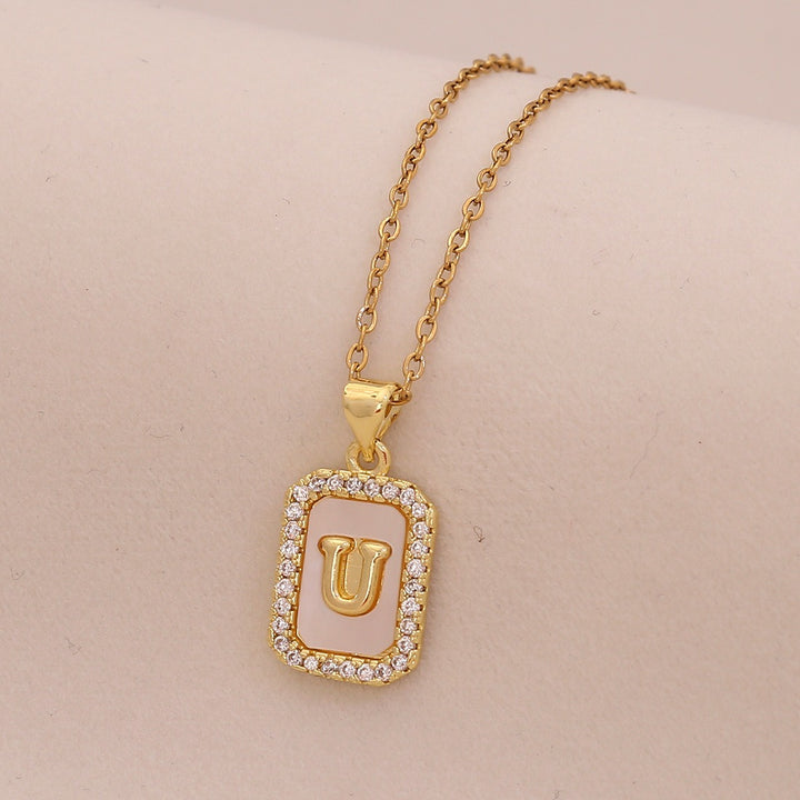 18K Gold Mother of Pearl Initial Necklace CZ Framed A-Z Square Letter Pendant