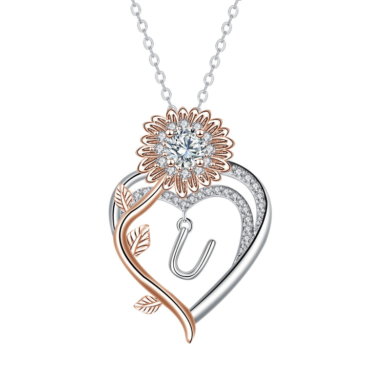 S925 Silver Sunflower Heart Initial Necklace Personalized A-Z Letter Pendant