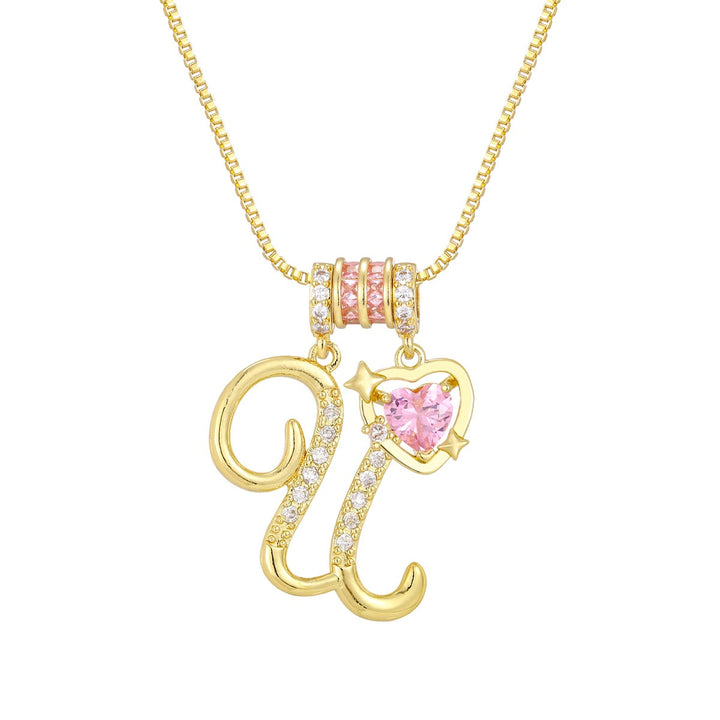 Romantic Custom · 18K Gold Plated Letter & Pink Heart DIY Necklace