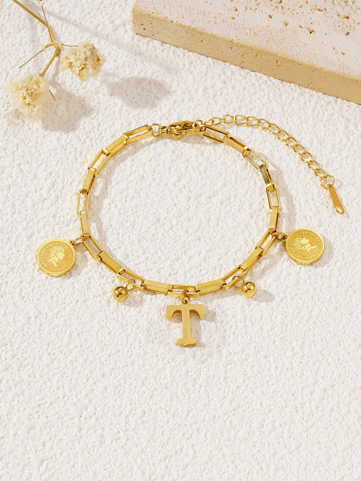 Personalized Initial Lucky Charm 26-Letter Vintage Coin 18K Gold Bracelet