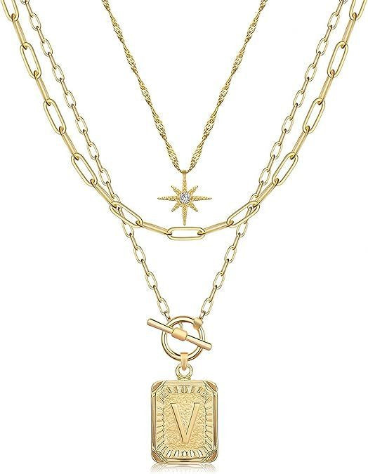 Personalized Initial 14K Gold Vintage Square Tag Letter Necklace
